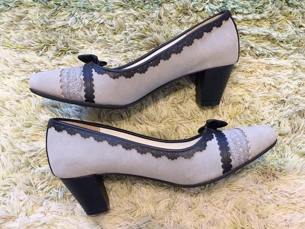 送料無料 試着のみ アクシーズファム Axes Femme パンプス リボン スエード調 サイズm グレー ブラック の落札情報詳細 ヤフオク落札価格情報 オークフリー スマートフォン版