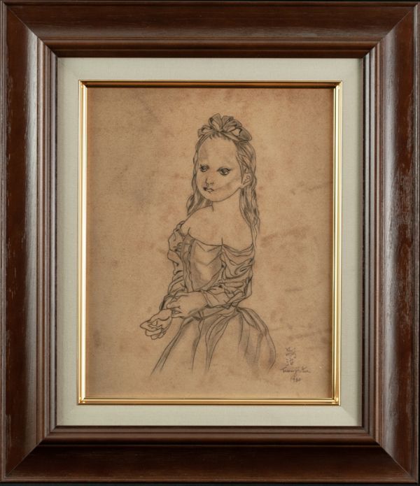 藤田嗣治　鉛筆画　肉筆『青い目の少女』サイン　東郷青児鑑定　F3号　額　a834 藤田嗣治 鉛筆画 肉筆『青い目の少女』サイン 東郷青児鑑定 F3号