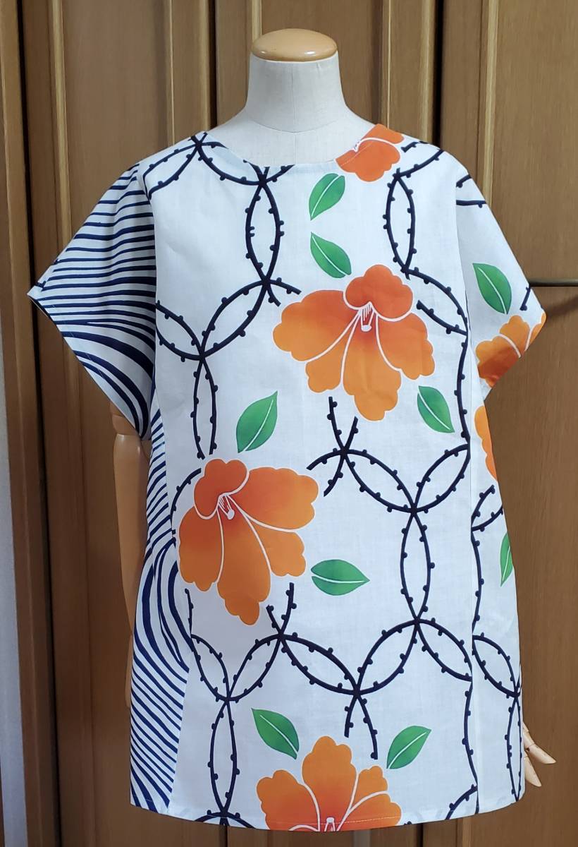 新品】白 みかん色ツバキと七宝文様 u0026 うず潮 浴衣 反物 チュニック 綿 