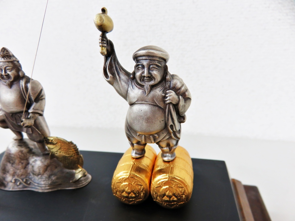楽久希】純銀製 恵比寿 大黒天 置物 ガラスケース 刻印有 恵比寿