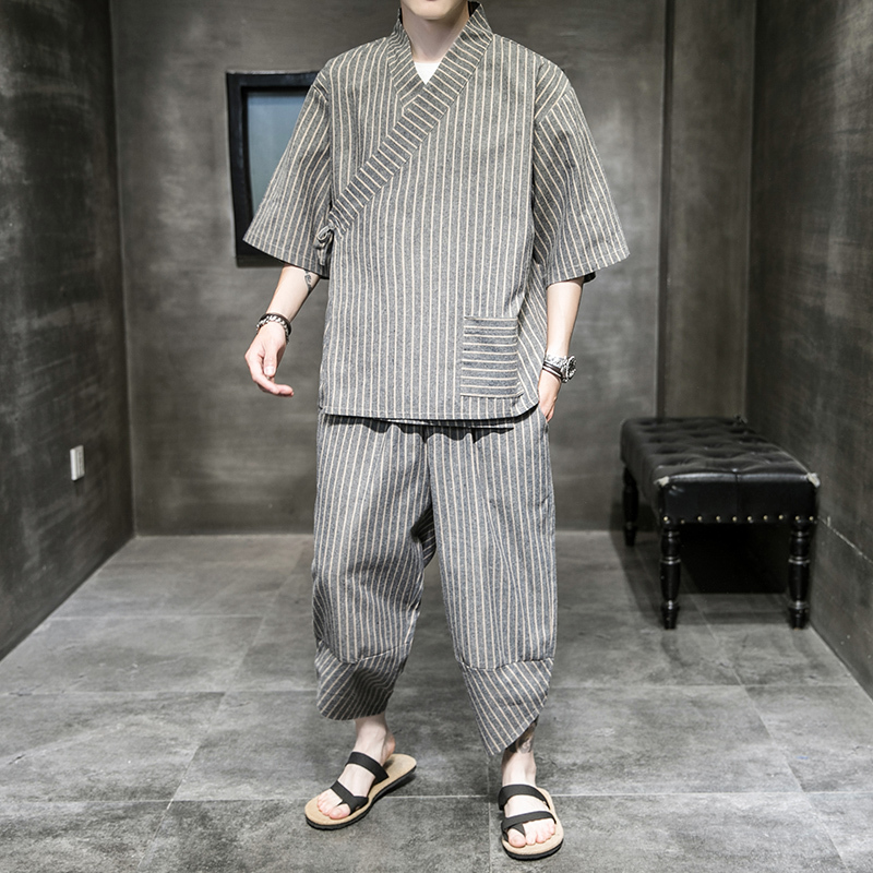 新品 夏 上下セット セットアップ サルエルパンツ 甚平 シャツ 半袖 カーディガン メンズ 薄手 通気 ストライプ おしゃれ M 5xl 選択可 グレー の落札情報詳細 ヤフオク落札価格情報 オークフリー スマートフォン版