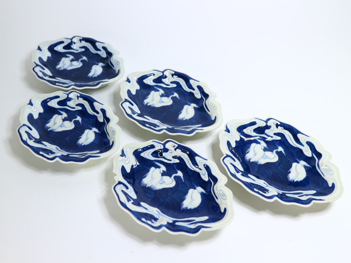 藍田工房 鍋島写染付鷺絵浪形皿 五客 共箱 / 銘々皿 取皿 小皿の落札