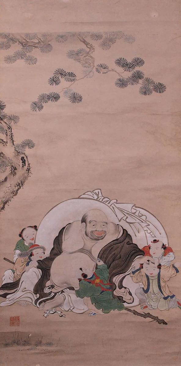 安】 誠盹 「布袋唐子図」 時代箱 中国唐画風 江戸時代 掛け軸の