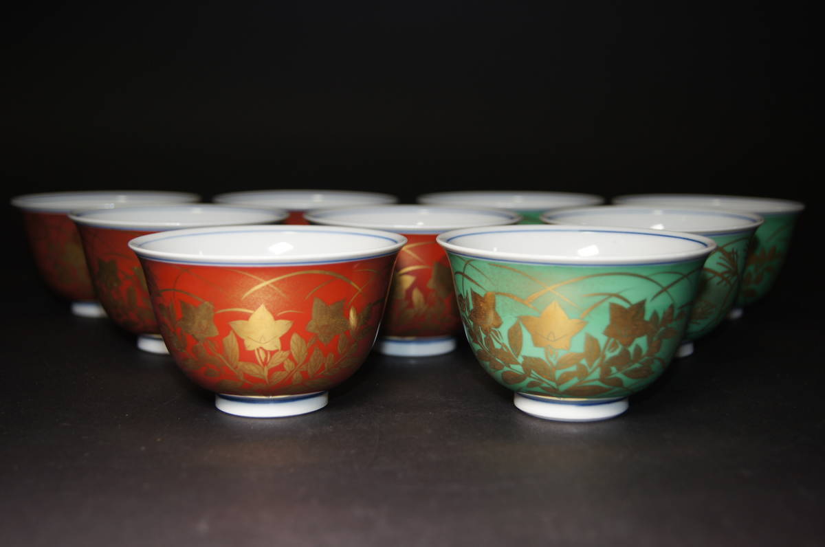 新品】九谷焼□錦山窯 造□ 金襴手 桔梗文 汲出茶碗 9客 共箱・共布