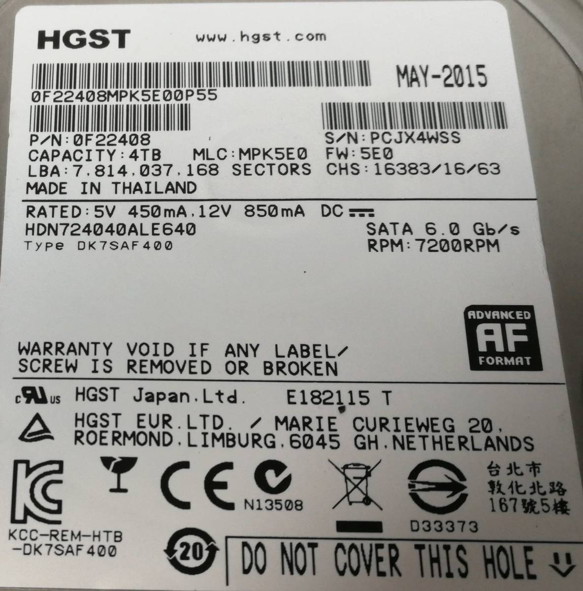 ☆送料無料☆HGST Deskstar NAS 0S03667 HDN724040ALE640/4TB HDD/24 