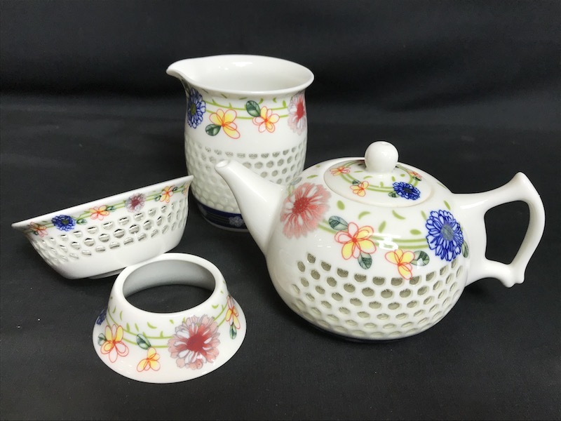 透かし 白磁 中国景徳鎮茶器セット「南金 1978」銘 新品】1円～未使用 中国景徳鎮茶器セット「南金 1978」陶磁器 透かし