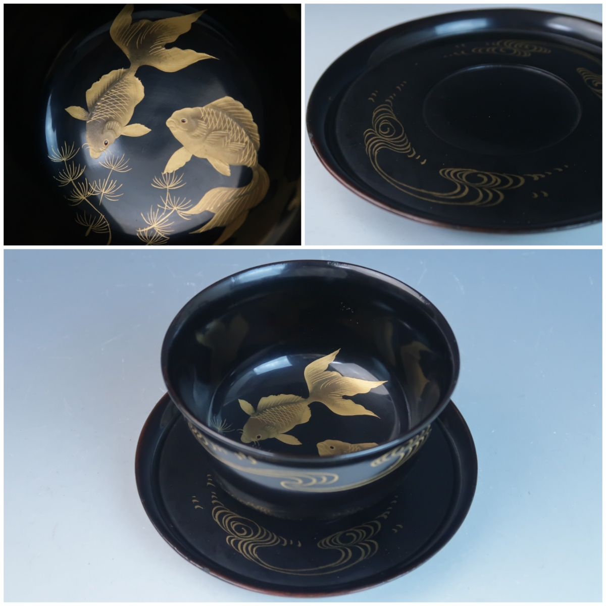 【 里帰り杯洗 】　金魚図　２客対　明治漆器 里帰り杯洗 金魚図】 2客対 明治漆器 A basin for washing wine