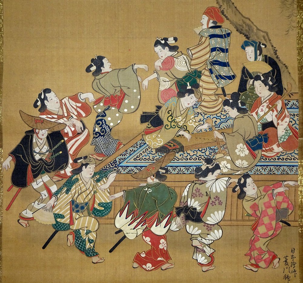 掛け軸】 菱川師宣 「盆踊り」 絹本 金襴表装 肉筆浮世絵 江戸時代前期