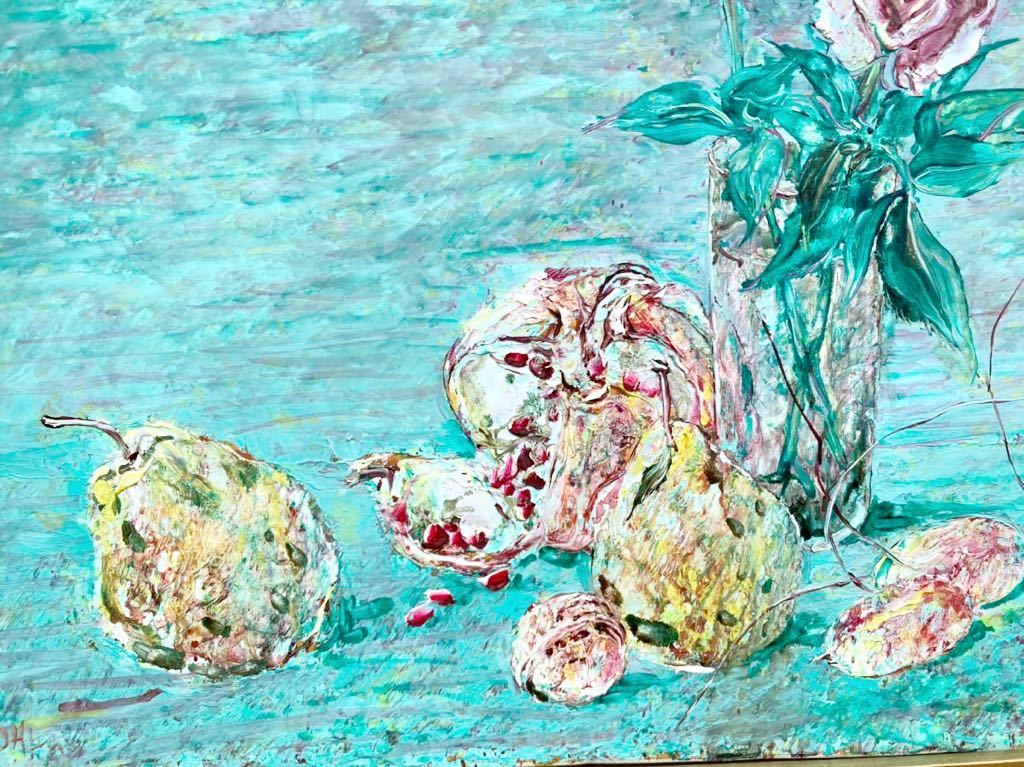 大庭勝郎 『 薔薇ざくろ』 油彩 絵画 油絵 静物画 8号 額装 春陽会会員