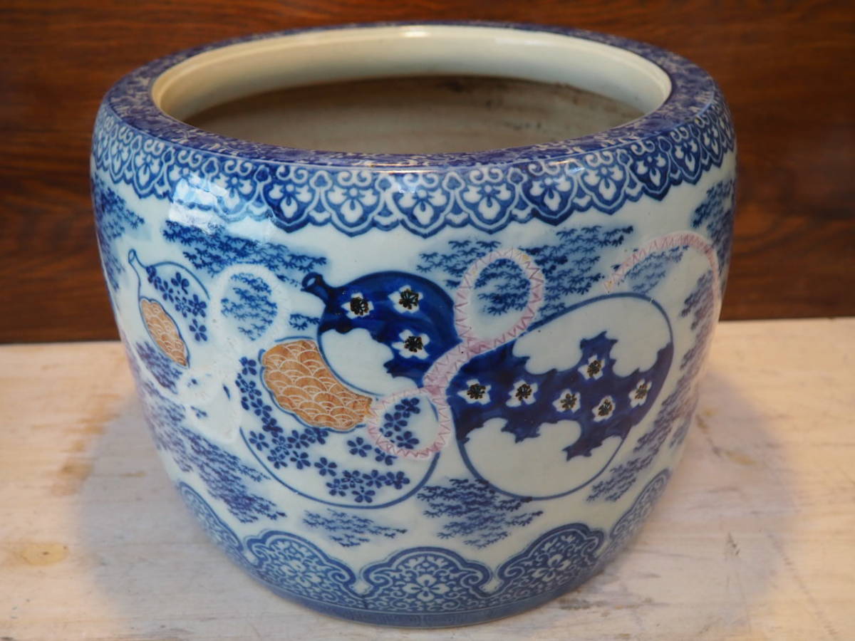 昭和・火鉢・大きい・瓢箪・睡蓮鉢・水色・メダカ鉢・鉢植え・水草