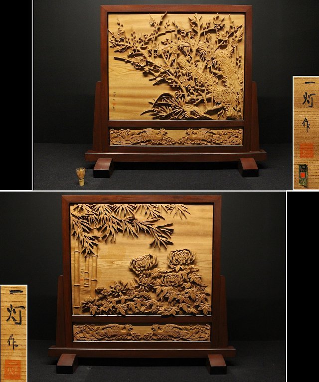 ☆楓☆旧家買出品！越中井波彫刻 名工 初代！横山一夢作 細密彫桐に