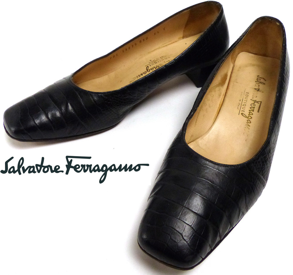 【やや傷や汚れあり】イタリア製 Salvatore Ferragamo サルヴァトーレ フェラガモ 型押しレザー パンプス 6 1/2C(23 ...