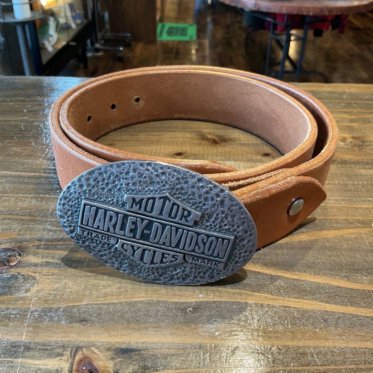 【やや傷や汚れあり】HARLEYDAVIDSON ハーレーダビッドソン シルバー925製 オーバル型 バックル レザーベルト キャメル