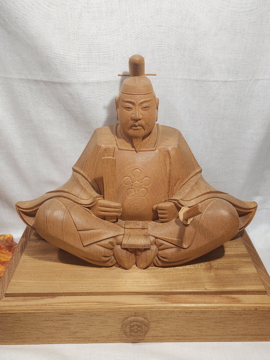 PN588. 彫刻美術【峰作】 木彫 菅原道真公 置物 箱付属 / 置物飾り物