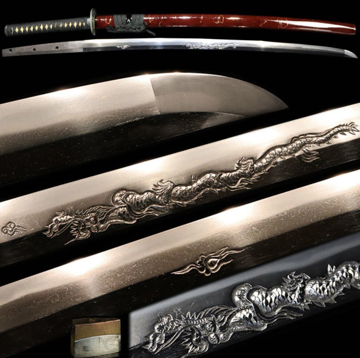 【やや傷や汚れあり】1円スタート ★刃長64.8cm 在銘 越(以下磨り上げ) 龍彫りの刀身彫刻見事な美麗刀 漆の艶が素晴らしい拵え付き 送料 ...