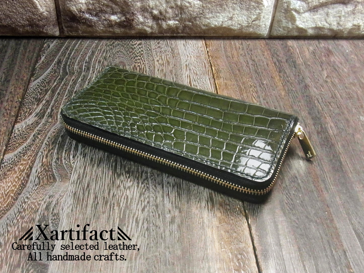 ナイルクロコダイル×栃木レザー社製ヌメ革(焦茶) ラウンドファスナー長財布
