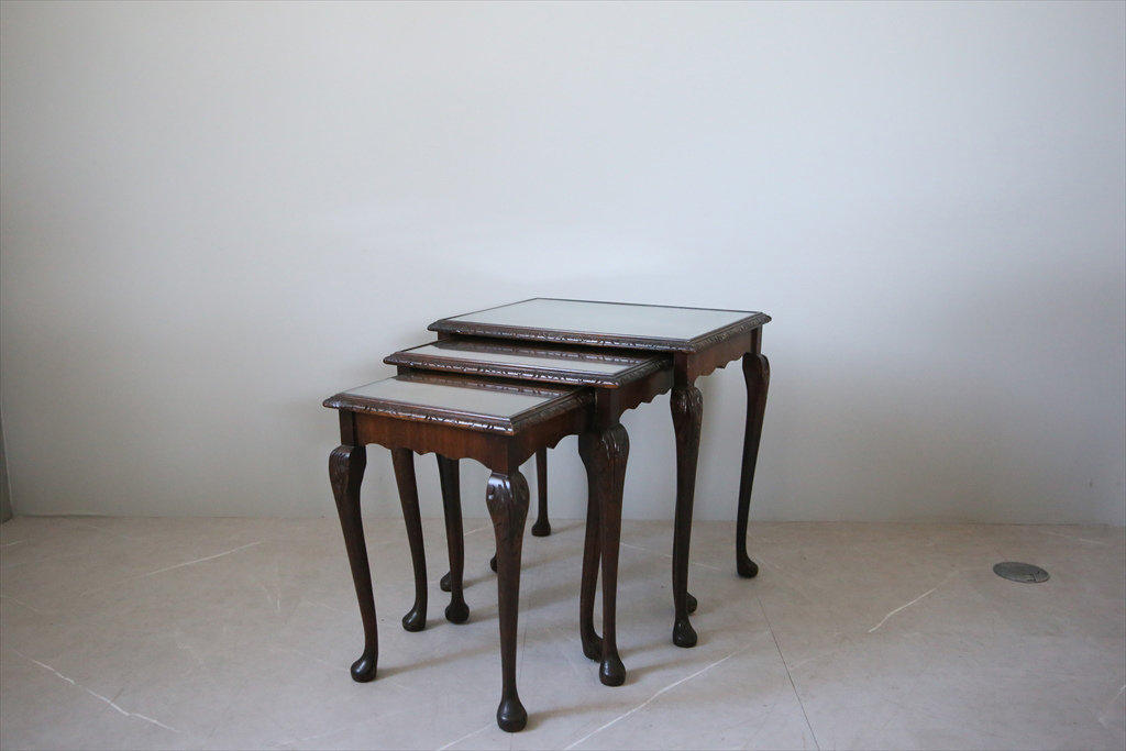 英国アンティーク◇猫脚ネストテーブル3台/収納式机/古木家具/飾り棚/無垢