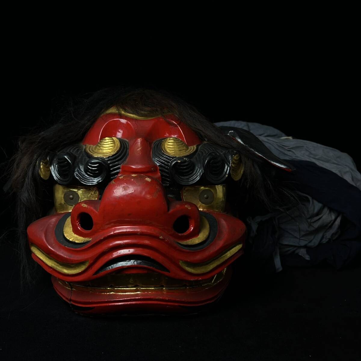 □時代物 獅子舞 獅子頭 宇津 権九郎 雄 雌 朱塗 金彩 木彫 伝統工芸