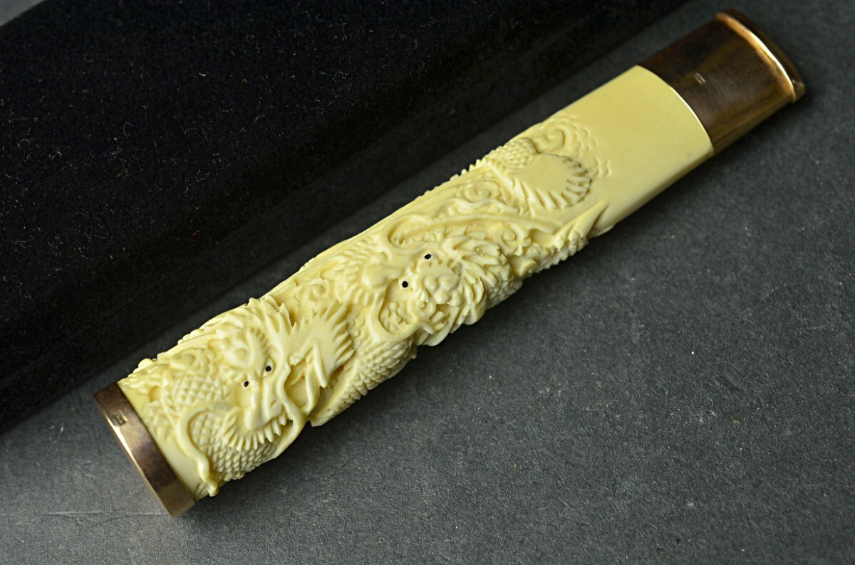 江戸後期〜明治初期 竹羅宇煙管 木製煙管入 雁彫刻金具 時代物 稀少 喫煙具一式 江戸時代☆雁首吸口 煙管 キセル☆本銀 竹羅宇煙管 三本組 真鍮 古銅