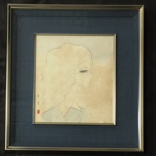 東郷青児 直筆 水彩画 色紙「婦人像」（着物女性）額装（黄袋・専用箱