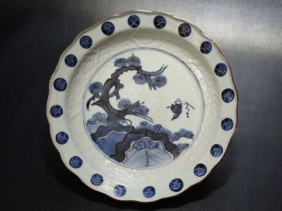 S-1100 時代物・角福印「古九谷色絵華鳥図皿」九谷焼・江戸期・26cm