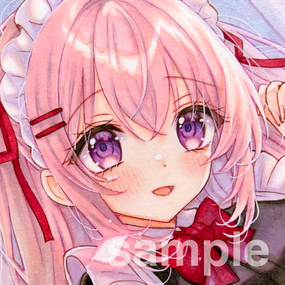 オリジナル 同人手描きイラスト 「黒髪ロングの猫メイドさん」 小色紙
