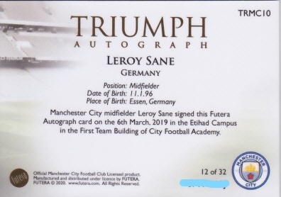 ◎2020 FUTERA UNIQUE Leroy Sane サネ TRIUMPH AUTOGRAPH 直筆サイン