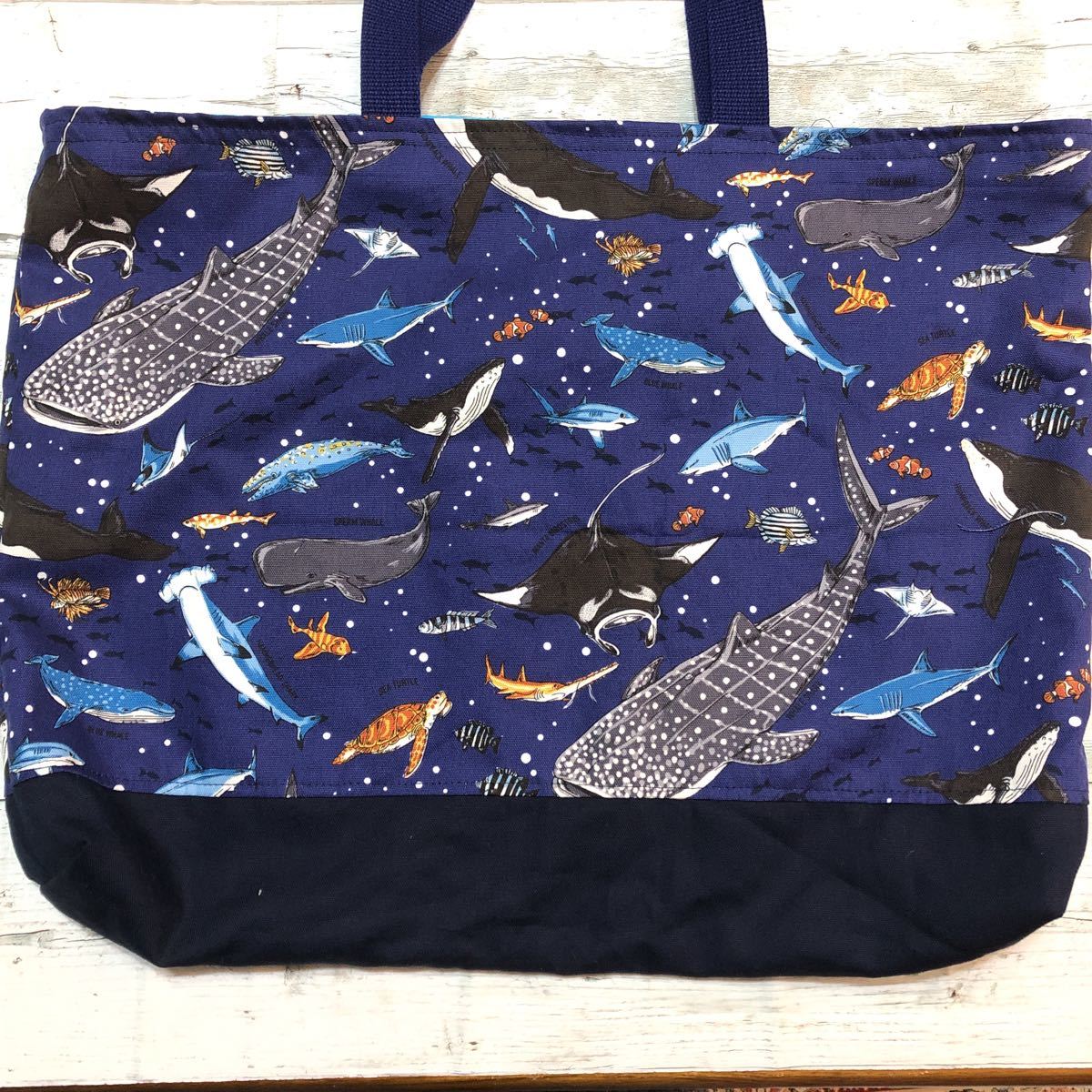入園入学6点セット(海の生き物・サメ) サメや海の生き物柄の生地で作るレッスンバッグ、巾着などの入園