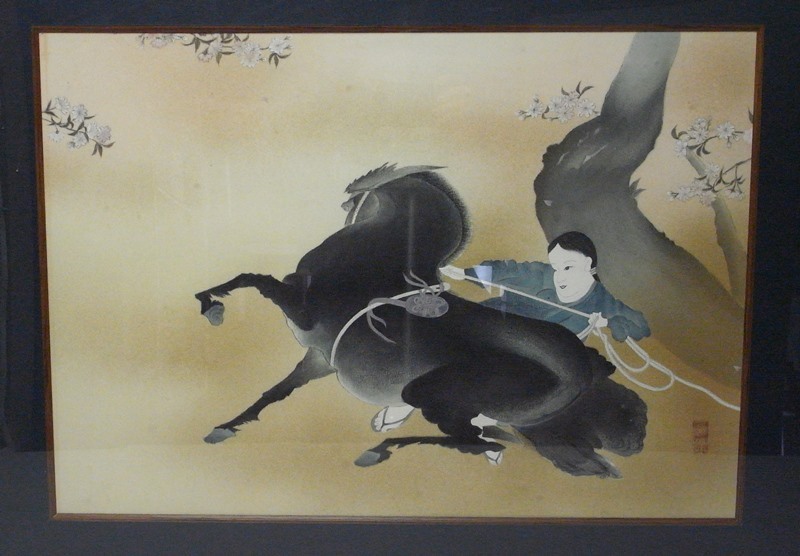 絹絵？ 日本画 絵画 額装 銘あり 少年 黒馬 午 桜 レトロ 時代物