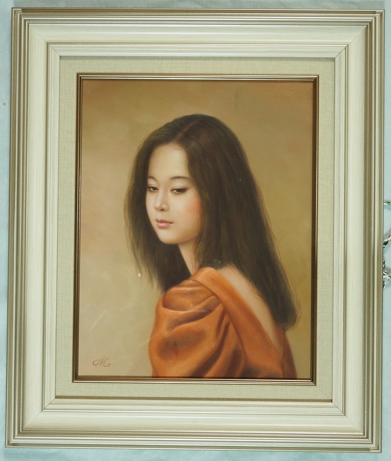 □ 日本人物画 まなざし F6号・額装 森本草介 少女像 中古油彩 □の