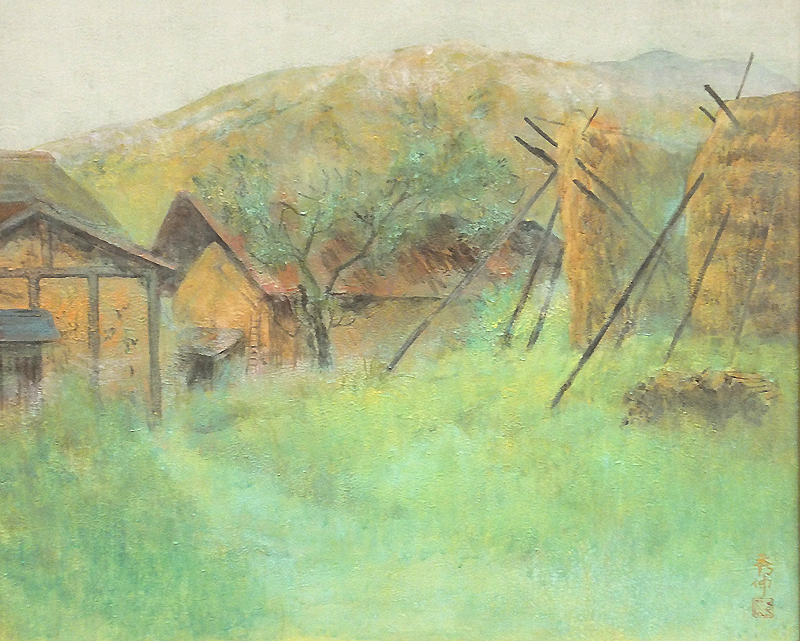 【真作】絵画　松原秀伸　日本画　里の家　日本美術院院友　共シール　R175 真作】絵画 松原秀伸 日本画 里の家 日本美術院院友 共シール R175