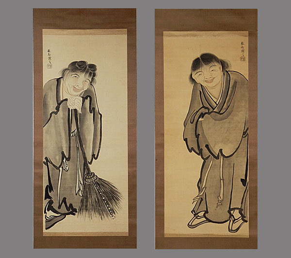 曾我蕭白寒山拾得肉筆墨絵表具はやり直した軸先は最高級な軸先