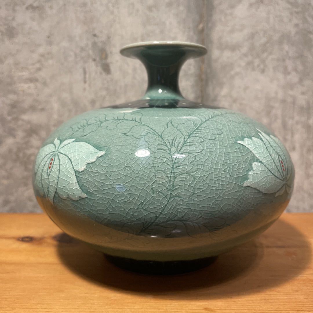 古岩 金興福作 大型花瓶 高麗青磁 木箱入り／ 未使用