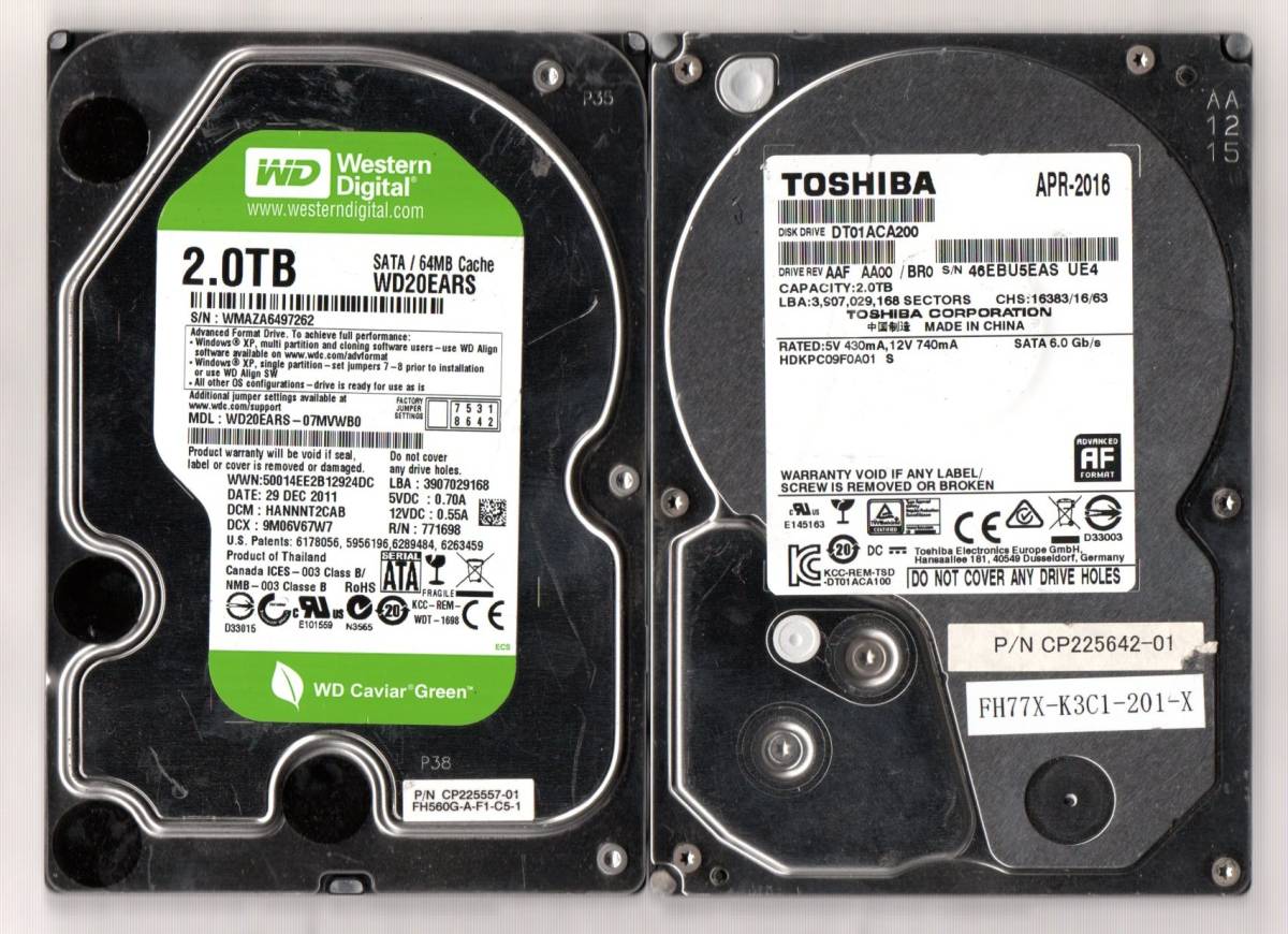 3.5インチHDD】Western Digital Green 2TB×2 中古】Western Digital