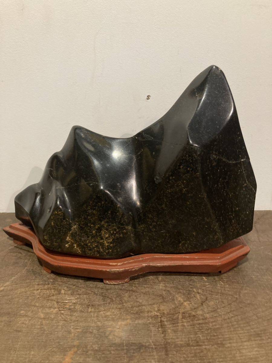 傷や汚れあり】水石 黒い石 鑑賞石 盆石 天然石 自然石 置物 台座付