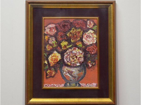 真作 大内のぶ子 『 薔薇 』 厚塗り　迫力感がある油彩画 大内のぶ子 油彩画 薔薇 真作 大内のぶ子 『 薔薇 』 厚塗り 迫力感