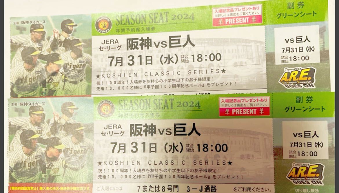 阪神甲子園球場　グリーンシート　阪神VS巨人　7/31(水)　18時試合開始 阪神タイガース - 7月31日18時 甲子園 阪神vs巨人 グリーン上段通路側