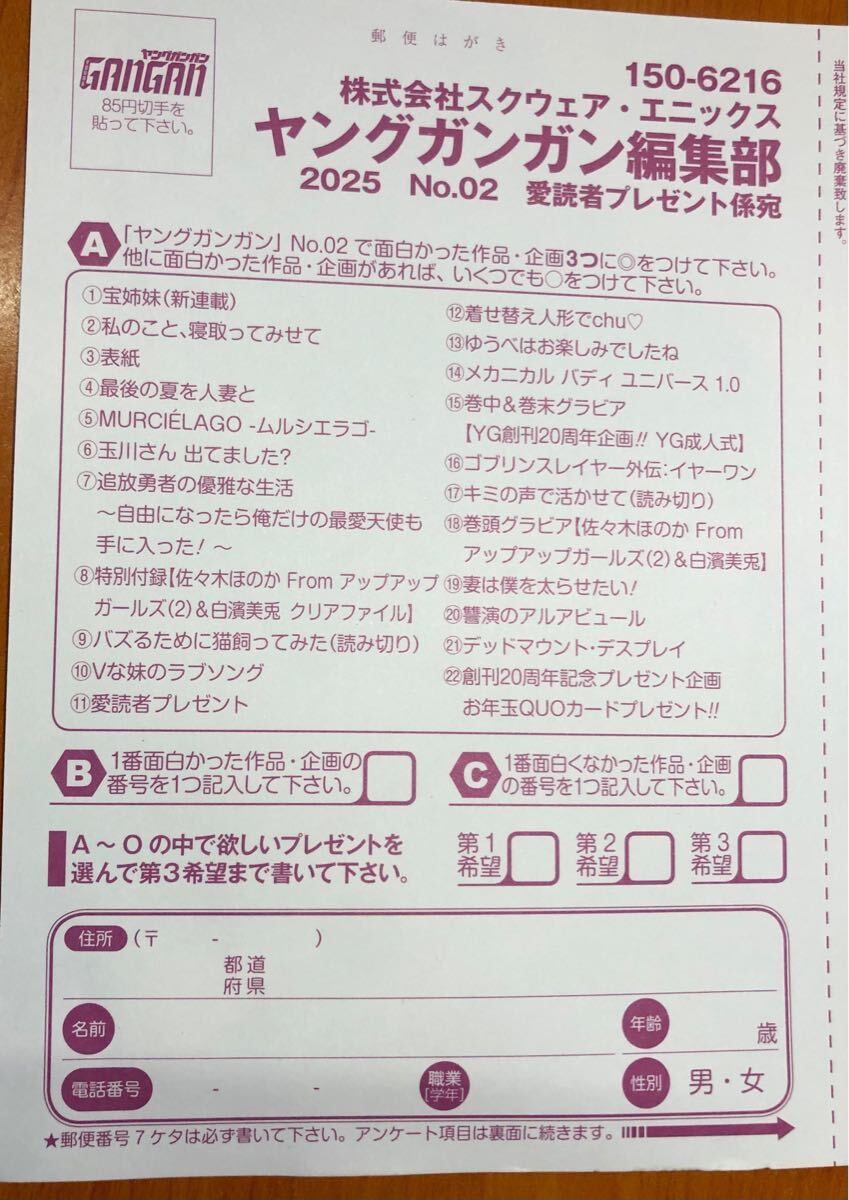 目立った傷や汚れなし】☆ヤングガンガン2号☆抽プレ懸賞応募 目立った傷や汚れなし】☆ヤングガンガン2号☆抽プレ懸賞応募