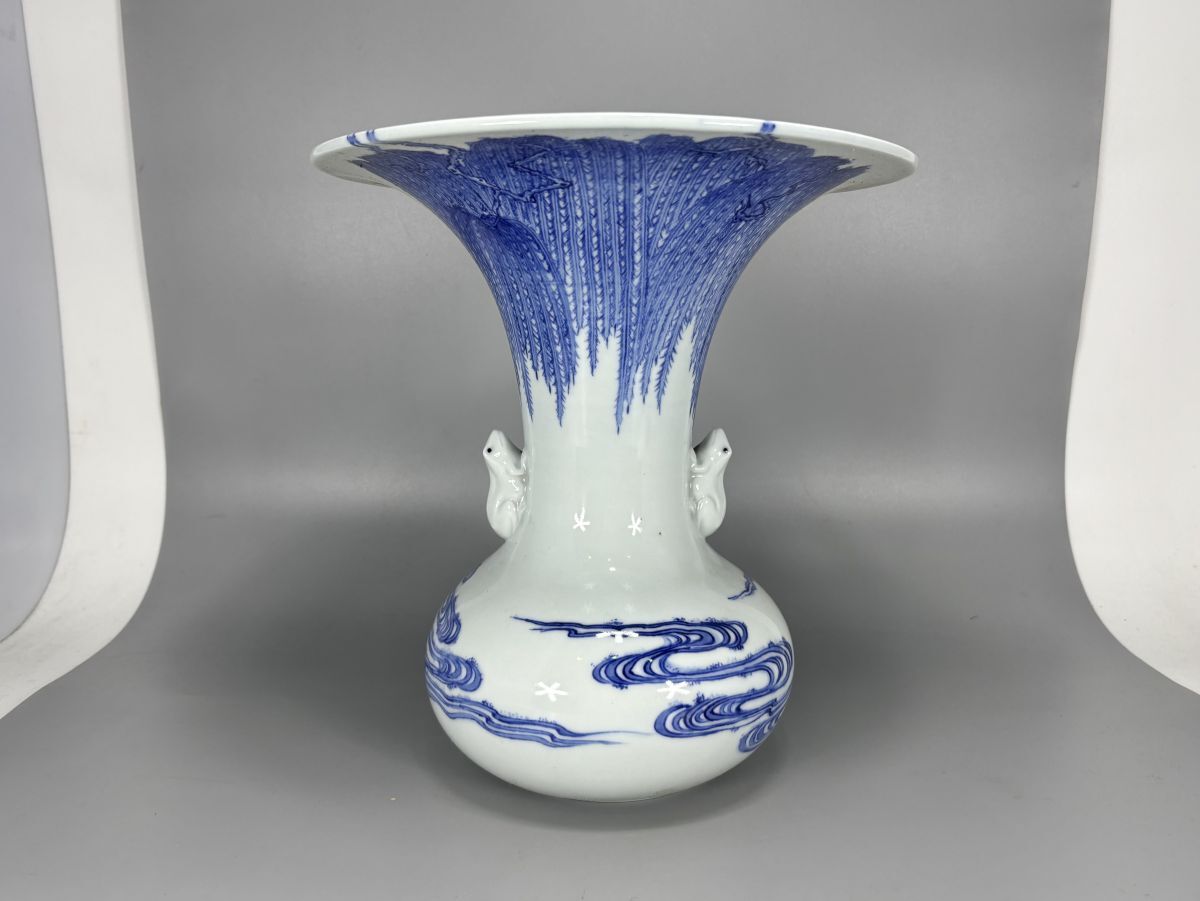 送料無料*税込】初代 加藤渓山 砧青磁鳳凰耳下蕪形 花瓶 共箱 真作/耳