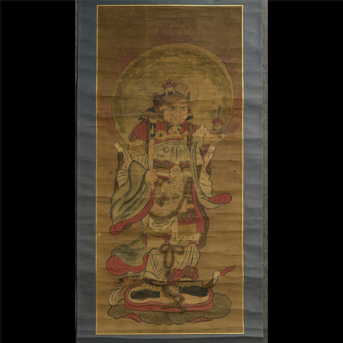 古道具】【五】古仏画 『毘沙門天三尊像』 紙本 彩色 掛軸 箱付の落札