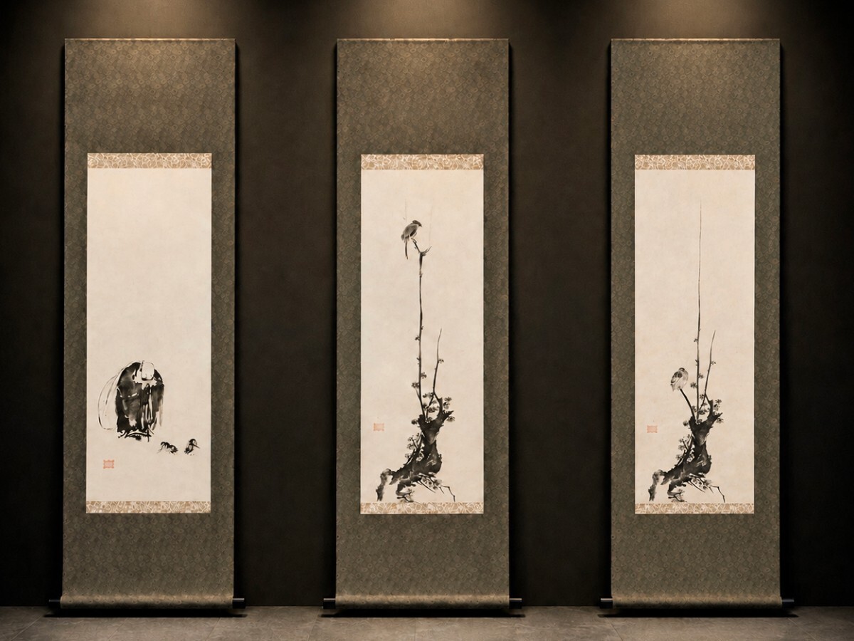 中古】【真作】○宮本武蔵○若鷹図横物大幅○号二天○肉筆○掛軸