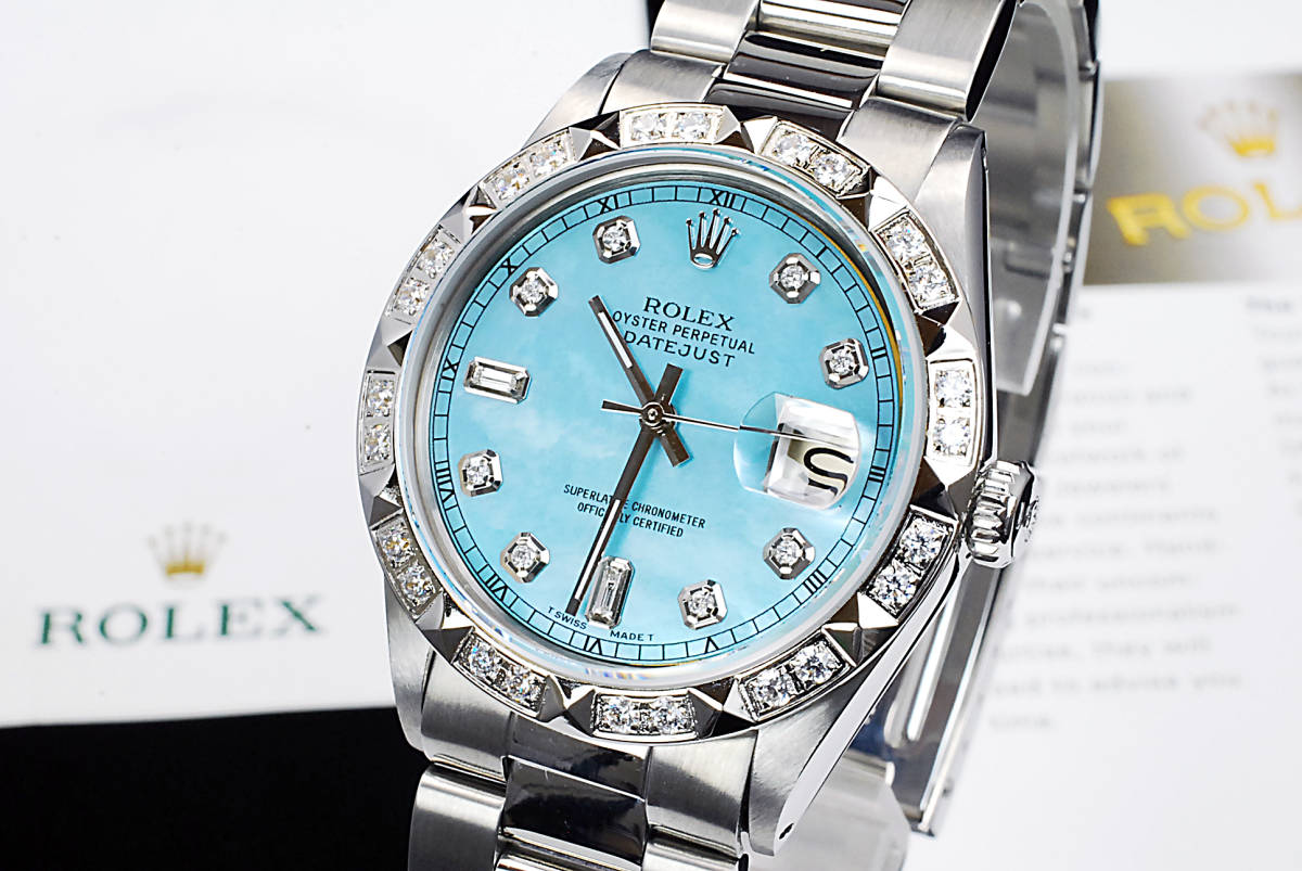 2年保証 アイスブルーシェル ロレックス デイトジャスト 秒針ハック機能 8+2P 天然ダイヤ Ref.1601 OH済 仕上済 ROLEX メンズ 極美品 2年保証 アイスブルー シェル ロレックス デイトジャスト 秒針ハック
