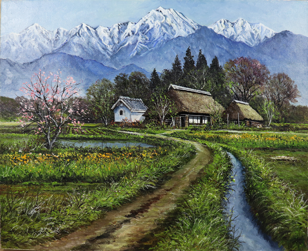 油彩画　尾身周三作 山家春陽　田舎の風景 ◇尾身周三◇花とアルプス◇油彩◇F15号◇田舎風景◇古民家◇の落札