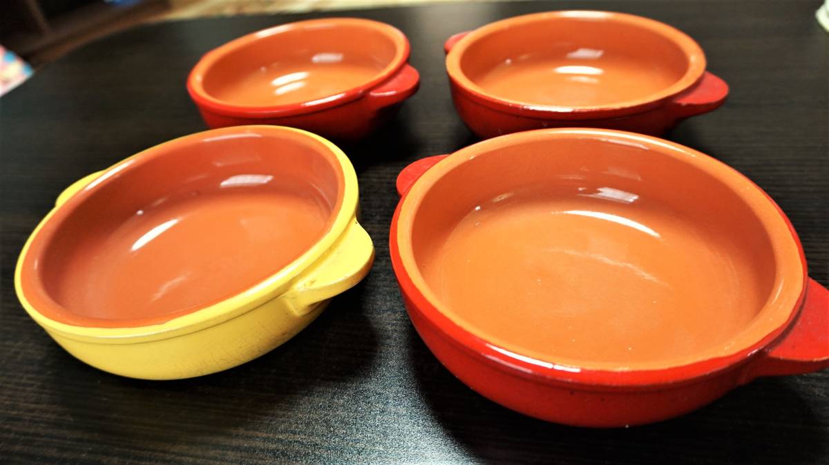 PIRAL 小鍋 フォンデュ 4皿セット 赤3＋黄1 イタリア製 ピラル PIRAL
