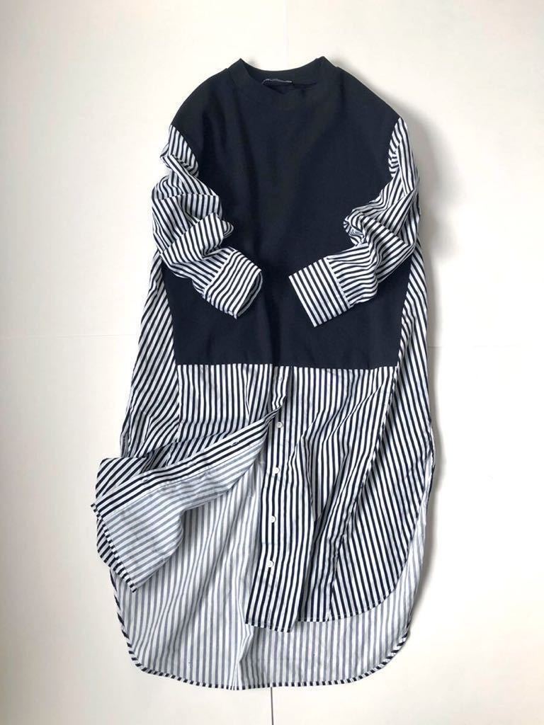 ZARA ザラ 異素材チュニックワンピ M ストライプシャツ プルオーバー コンビ チュニック 黒 ブルーストライプ  ZARAどれがお好み？1枚は持っておきたい春のベーシックアイテム