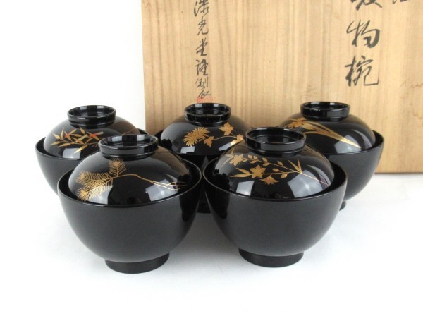 Y【長期保管品】 輪島塗 蓋付 お吸物椀　扇子模柄　臼田　10客セット 輪島塗 五客セット 五節句蒔絵 吸物椀 漆光堂 端午 七夕 兜 雛飾り