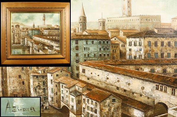 絵画　油彩肉筆画　海外作家『イタリア港風景』F10 高級額装 絵画油彩肉筆画海外作家『イタリア港風景』F10 高級額装