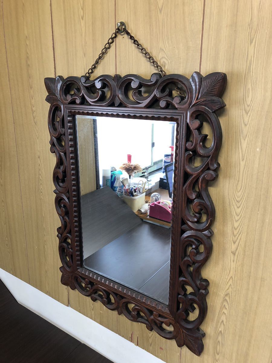壁掛け　鏡　アンティーク　木製手彫り 昭和レトロ木製手彫り壁掛け鏡アンティークミラー