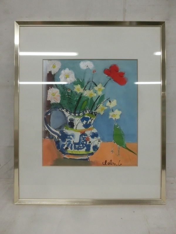 E5131 上原一郎 鳥と花 ペン 水彩 額装 の落札情報詳細 ヤフオク落札価格情報 オークフリー スマートフォン版