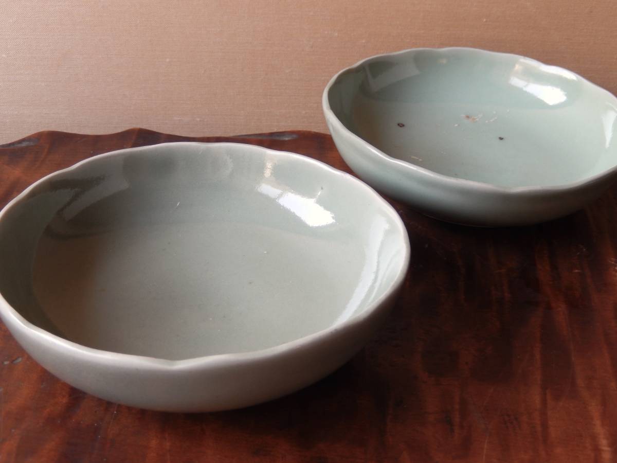 OAN】 古伊万里 青磁 輪花 皿 2枚セット 骨董 古美術 古道具 民藝 懐石